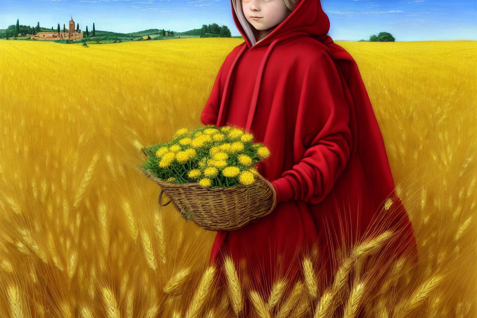Figure in Red Cloak with Basket in Wheat Field and Scenic Landscape