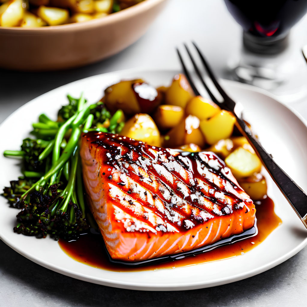 Grilled Salmon Plate with Balsamic Glaze and Roasted Potatoes