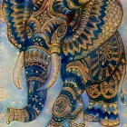 Decorated Elephant Figurine with Gold Patterns on Blue Background