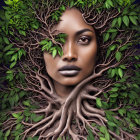 Woman's face emerges from tree roots and leaves in striking portrait