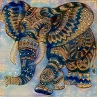 Ornate Elephant with Gold Patterns on Blue and Golden Background
