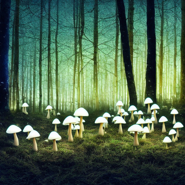 Glowing mushroom cluster in misty forest setting