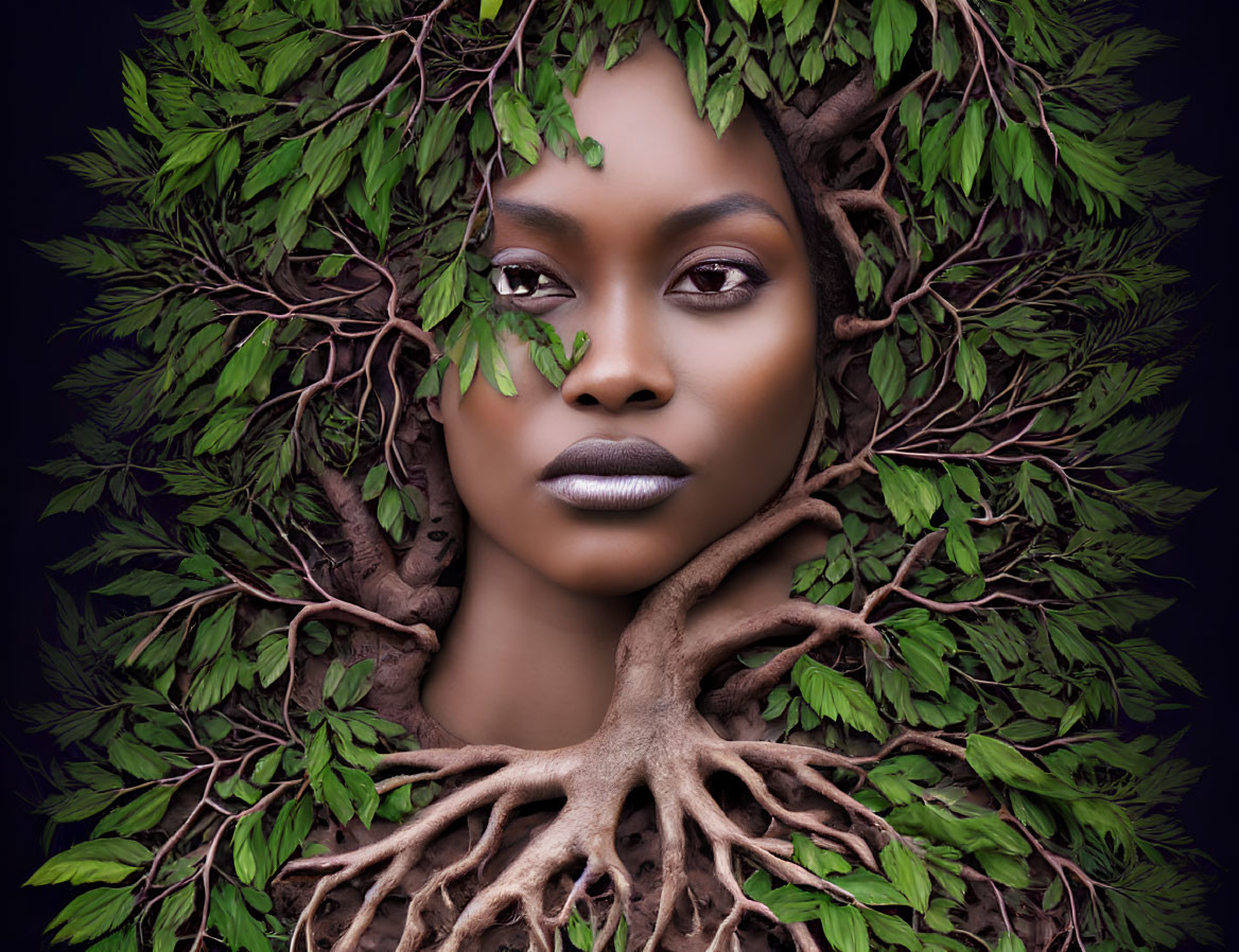 Woman's face emerges from tree roots and leaves in striking portrait