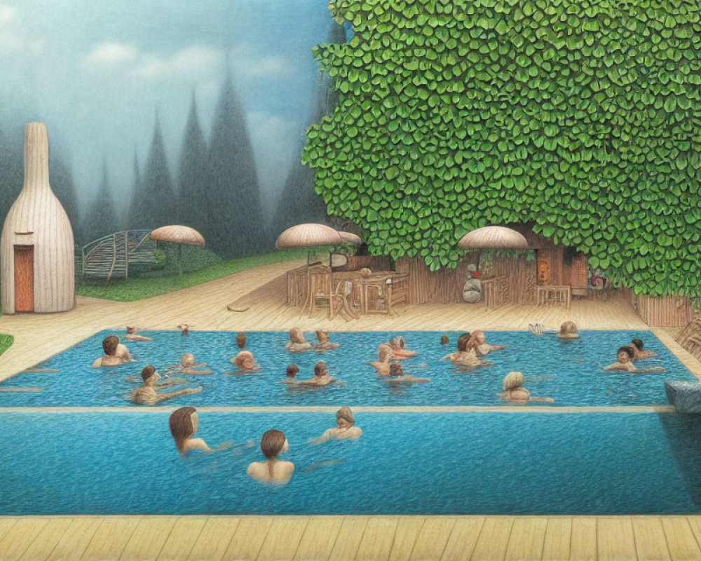 Illustration of people in outdoor pool with lush greenery and treehouse.