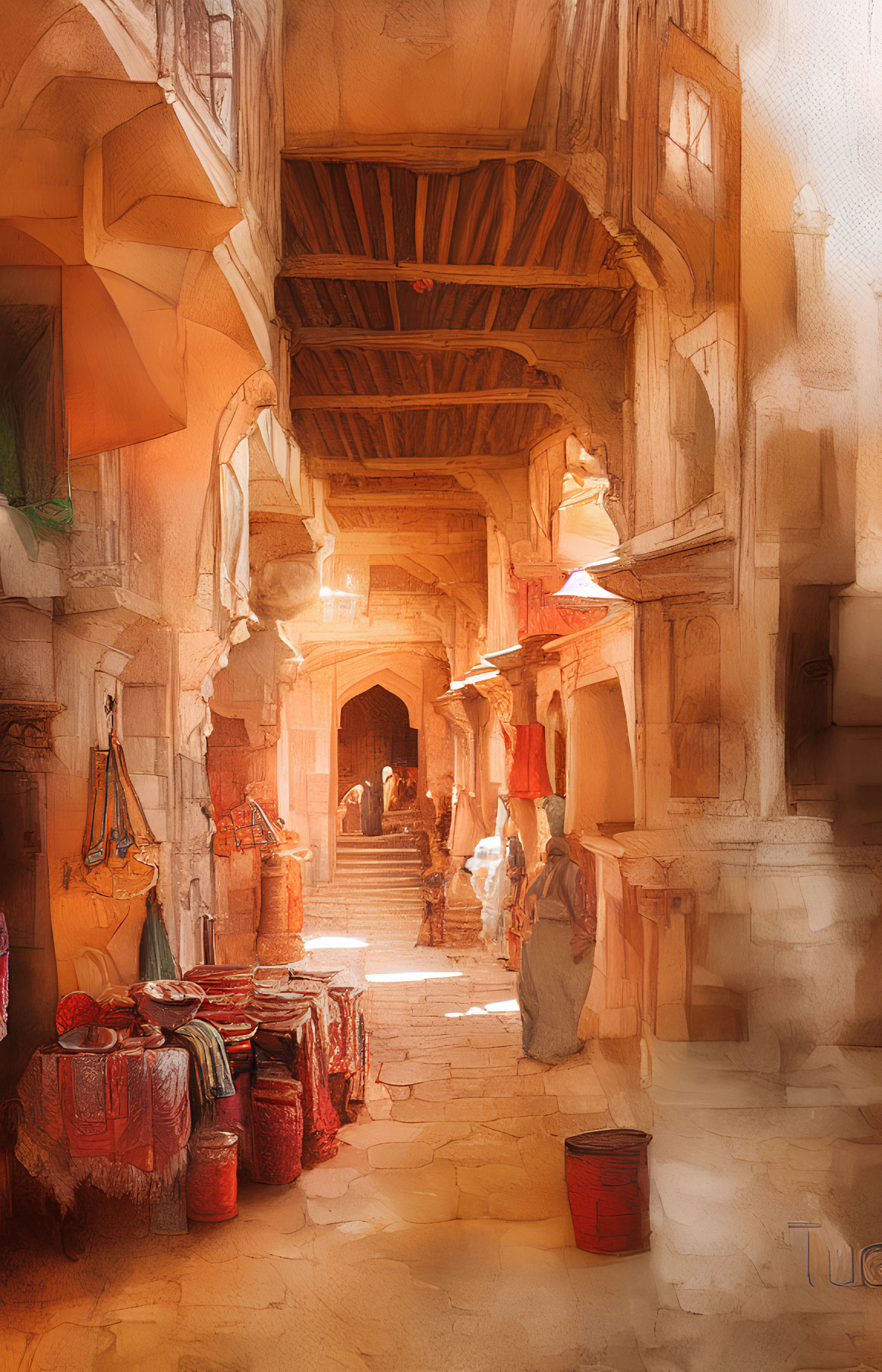 Vibrant market alley scene with textiles, wooden beams, and bustling crowd.