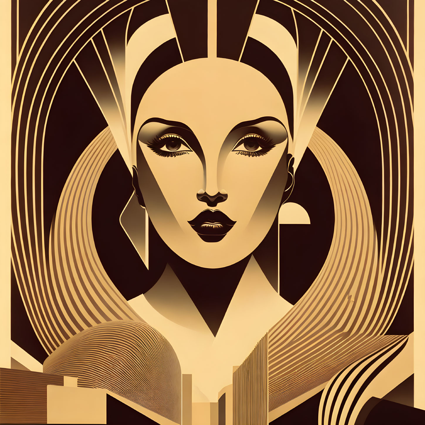 Symmetrical Art Deco Female Face with Geometric Patterns
