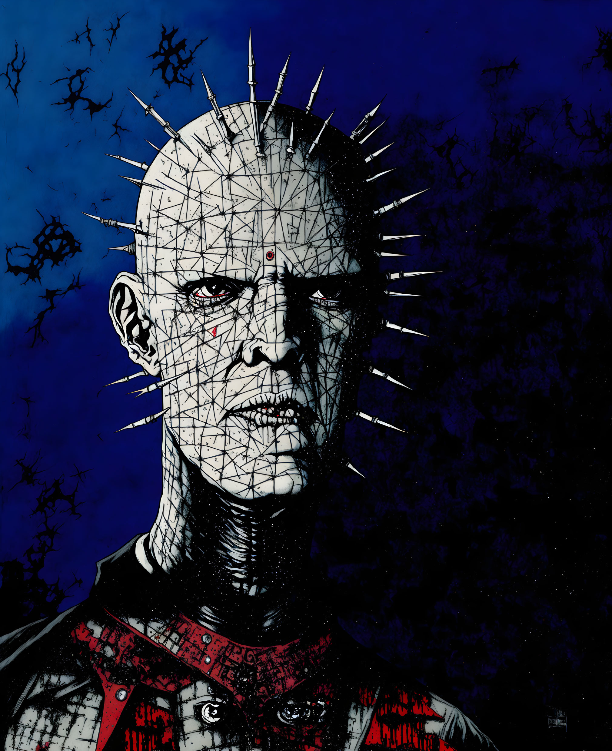 Bald character with spikes and pale skin on dark blue background