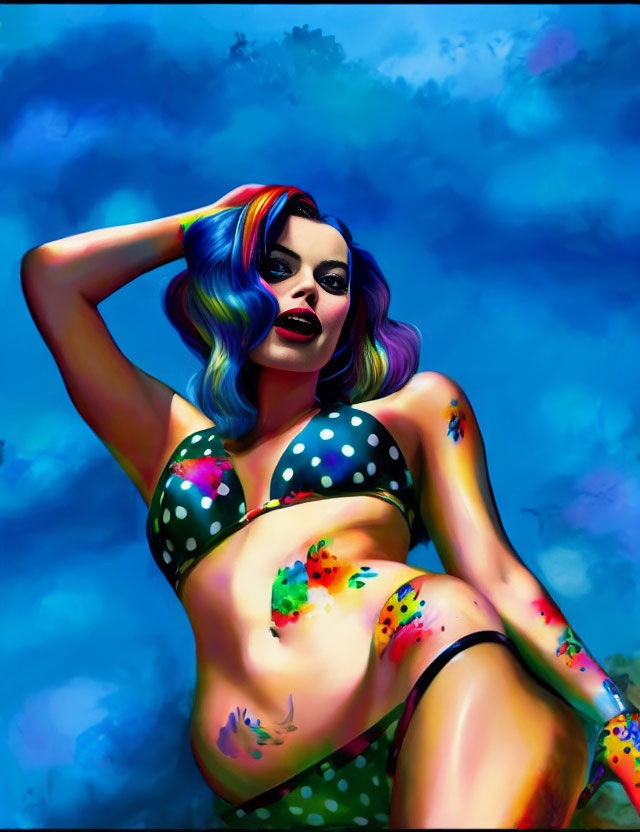 Vibrant rainbow-haired woman in polka-dot bikini against blue sky