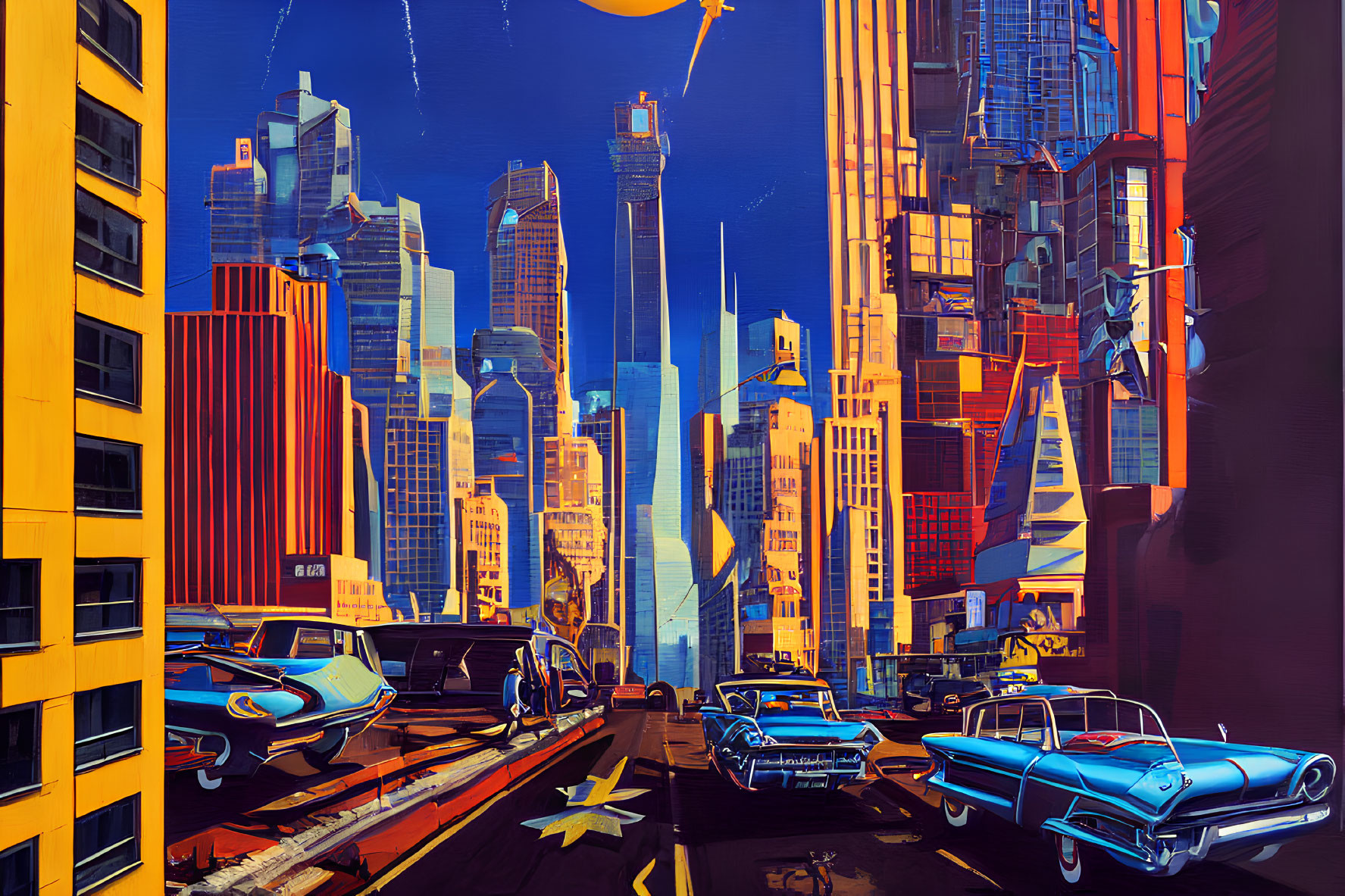 Colorful futuristic cityscape with flying cars and retro vehicles under a bright sky