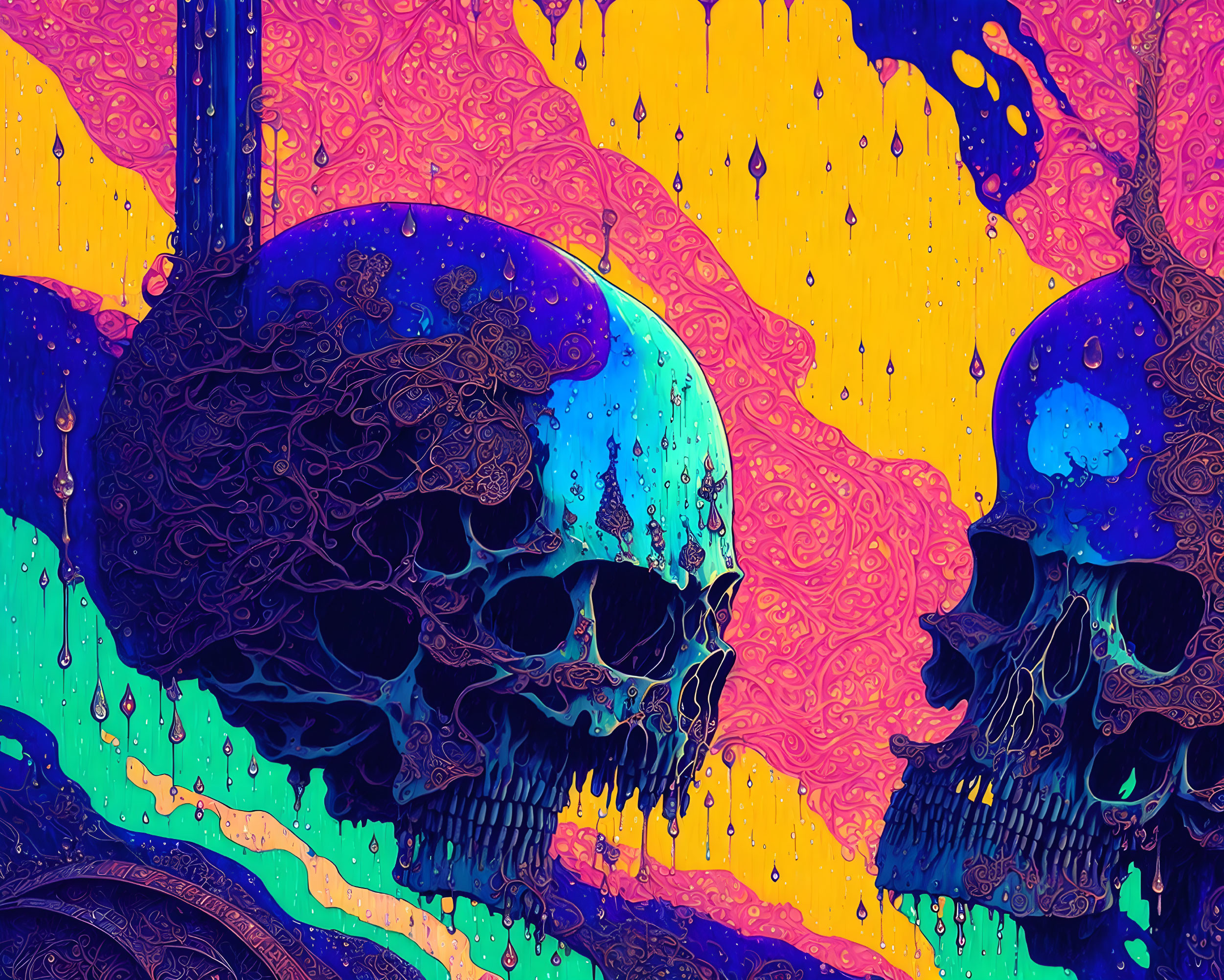 Colorful psychedelic skull art on vibrant background