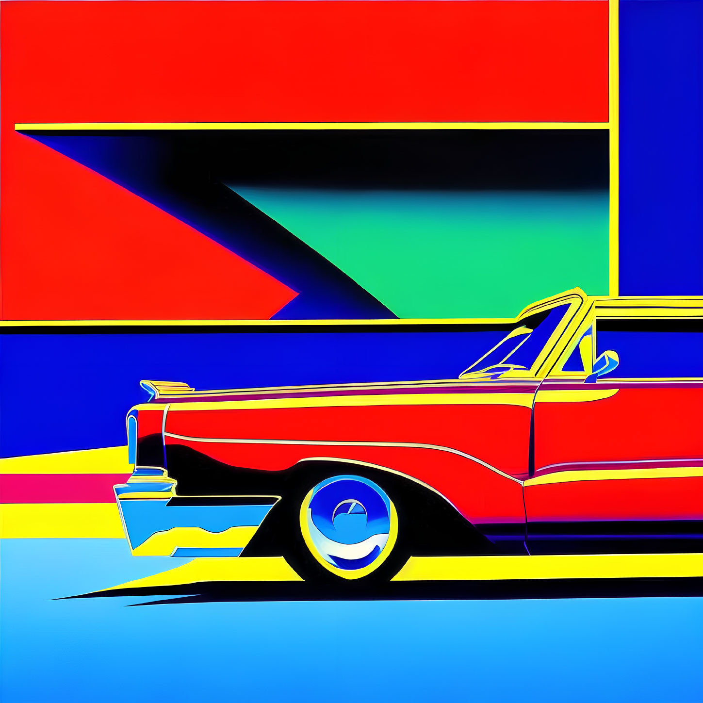 Colorful Stylized Red and Black Car Artwork with Geometric Background