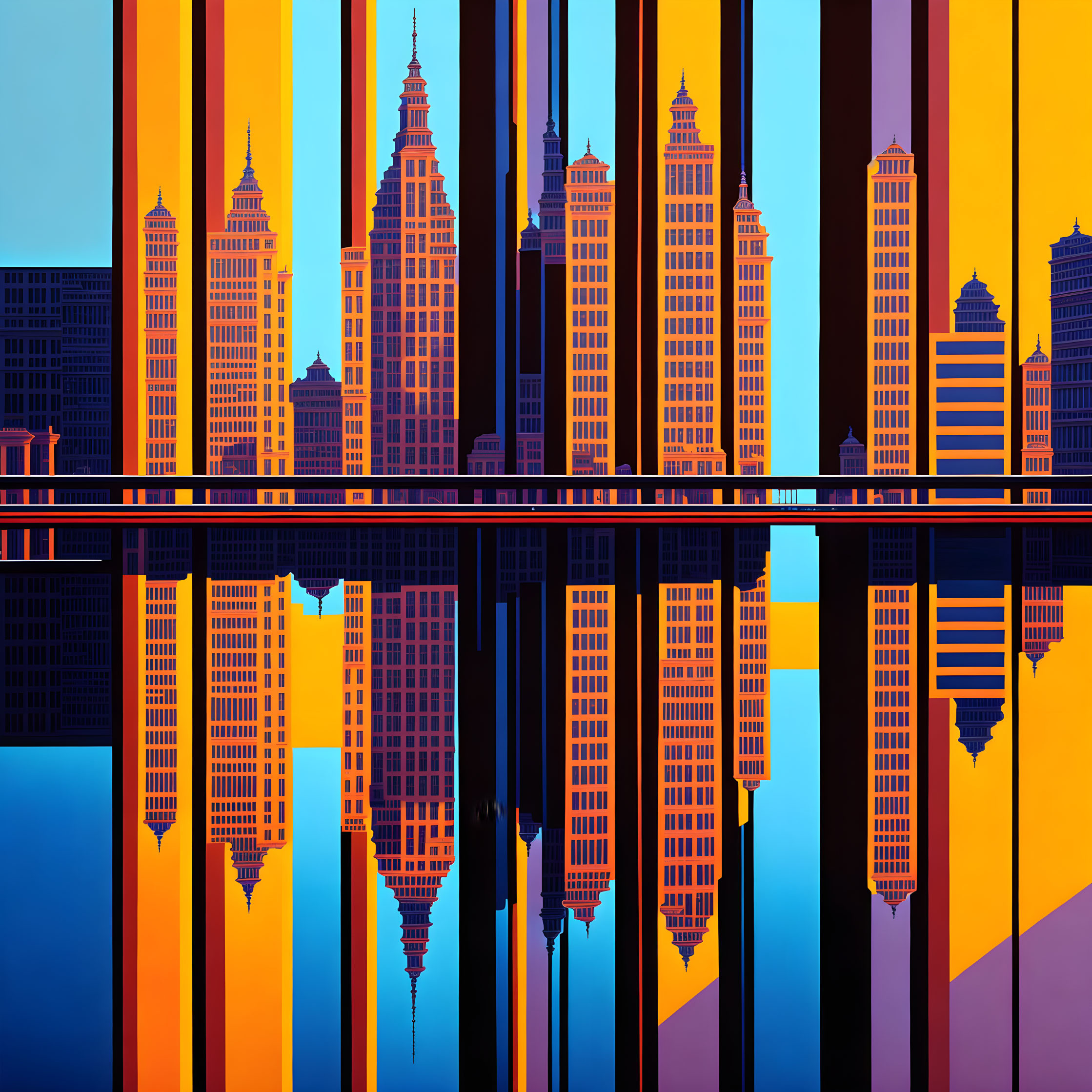 Symmetrical cityscape with blue and orange skyscrapers reflected on water