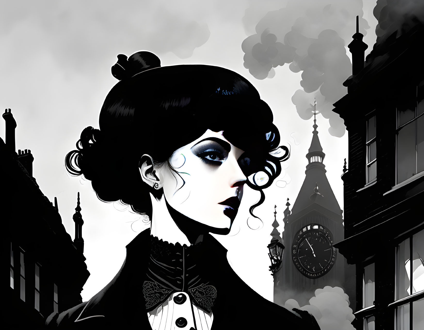 Stylized Victorian woman against Big Ben and London rooftops