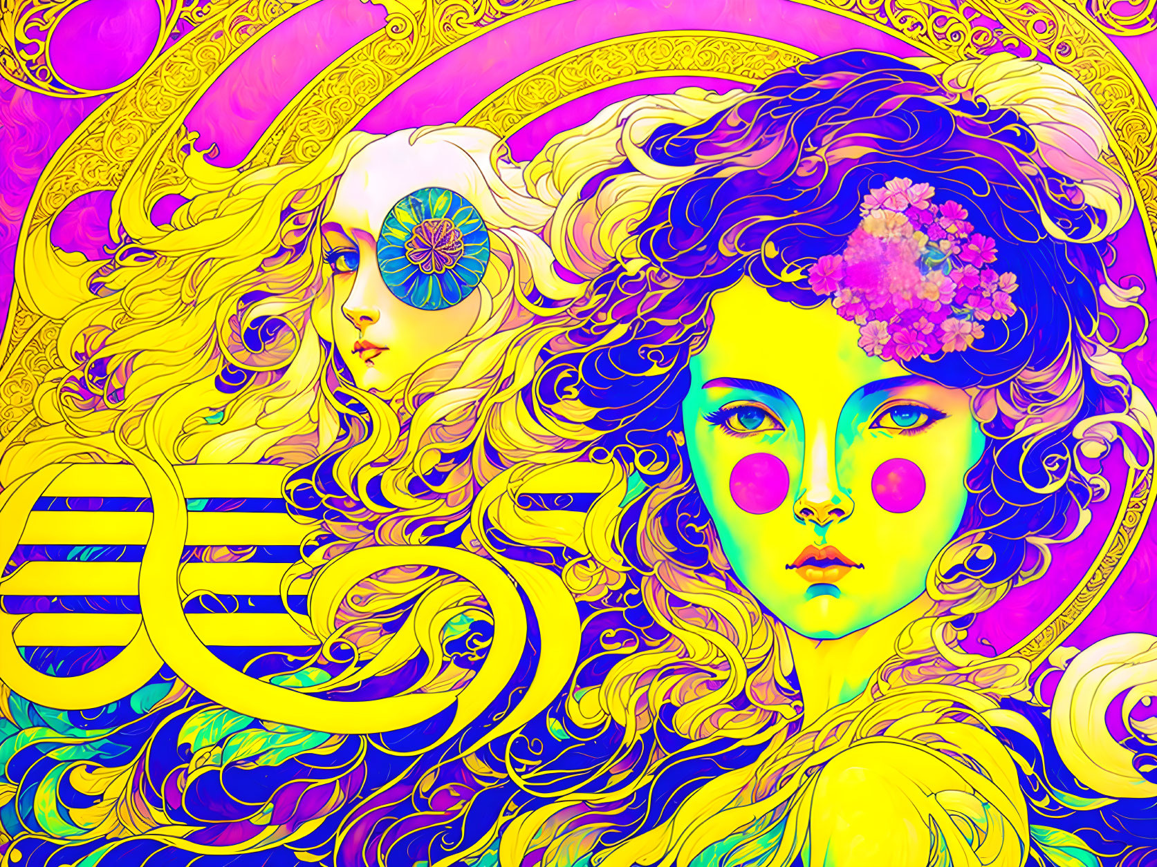 Colorful digital artwork of stylized woman with swirling hair and floral patterns