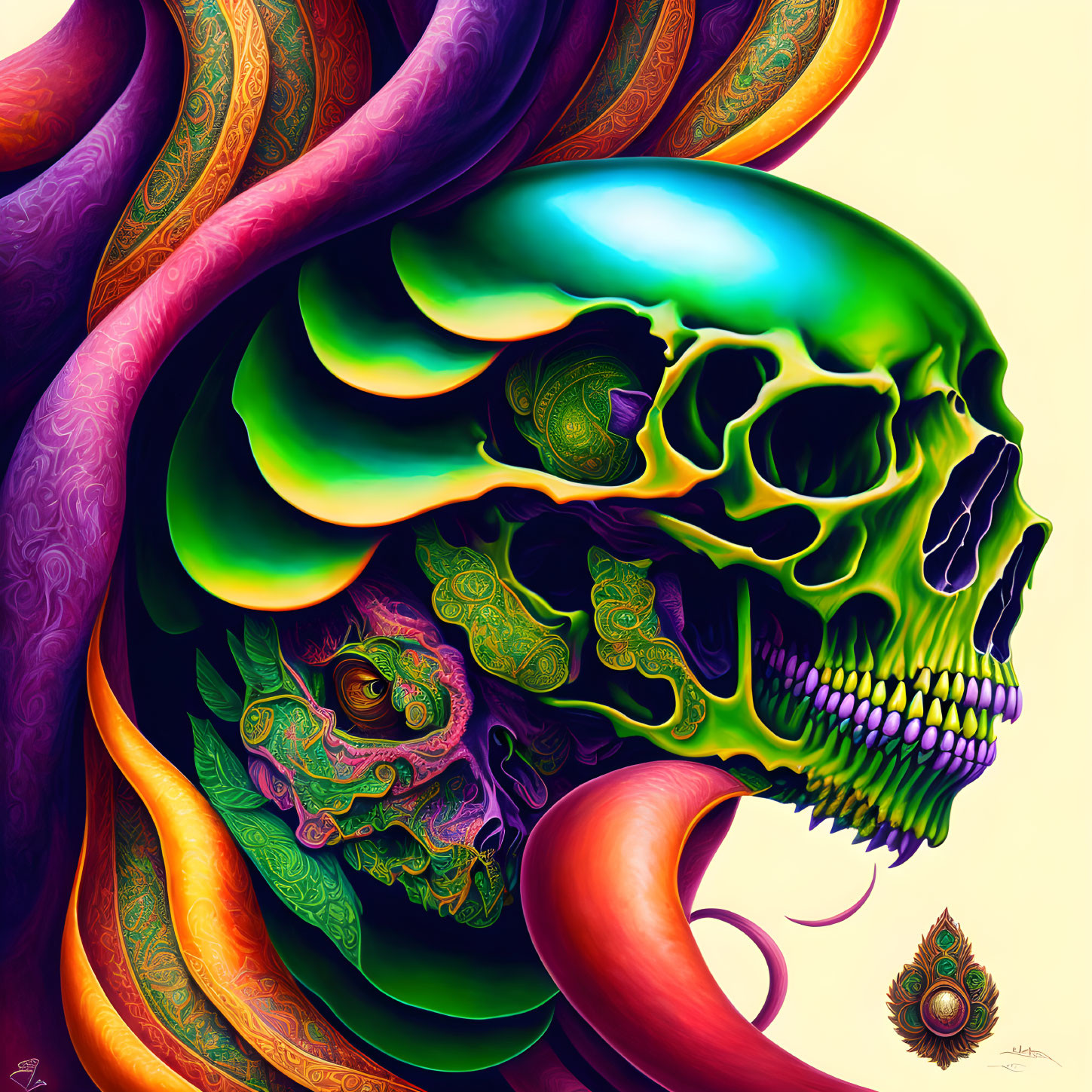 Neon-colored skull with intricate patterns and psychedelic tentacles