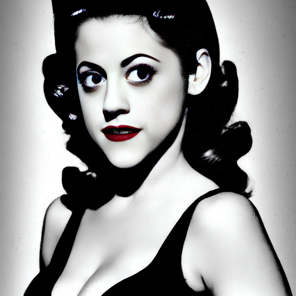 Monochromatic portrait of woman with vintage hairstyle and red lipstick