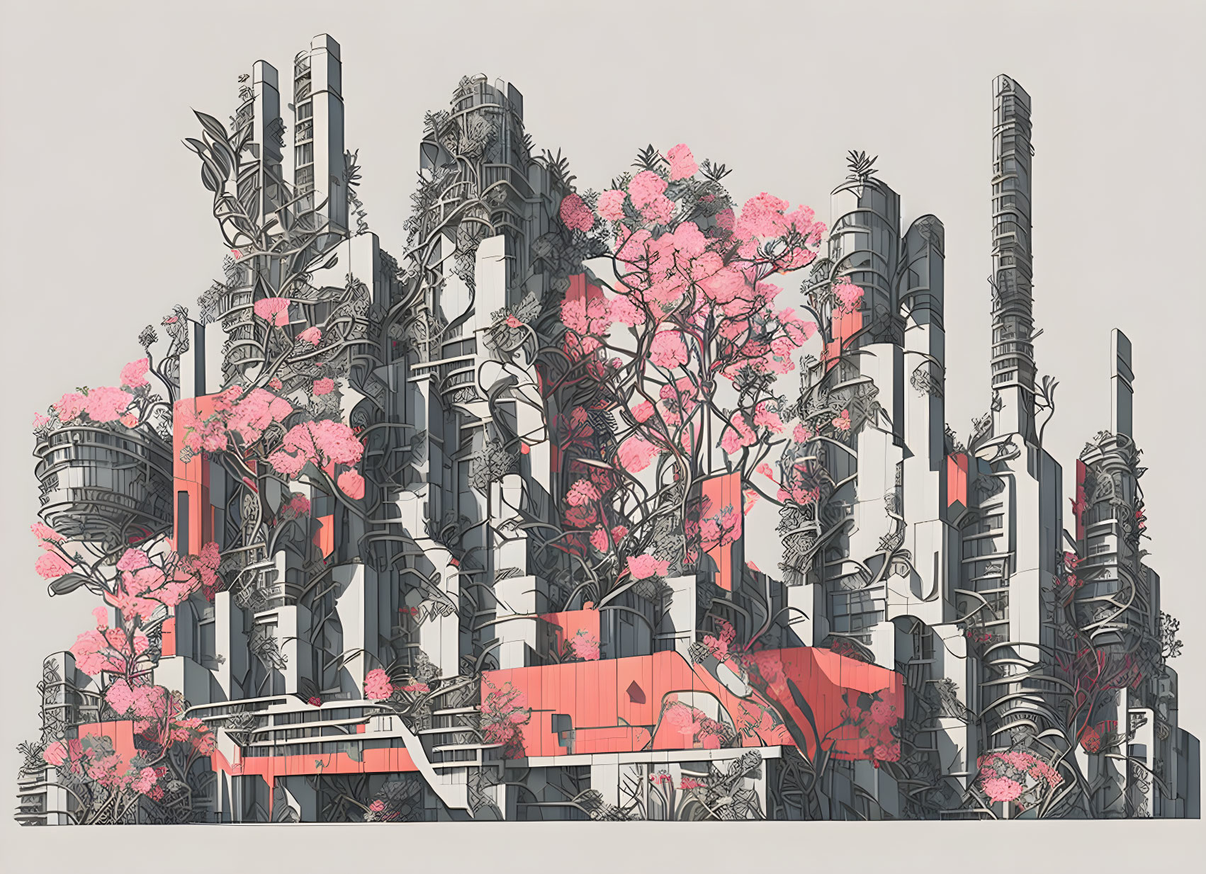 Industrial Landscape with Pink Flowering Trees and Monochrome Factories