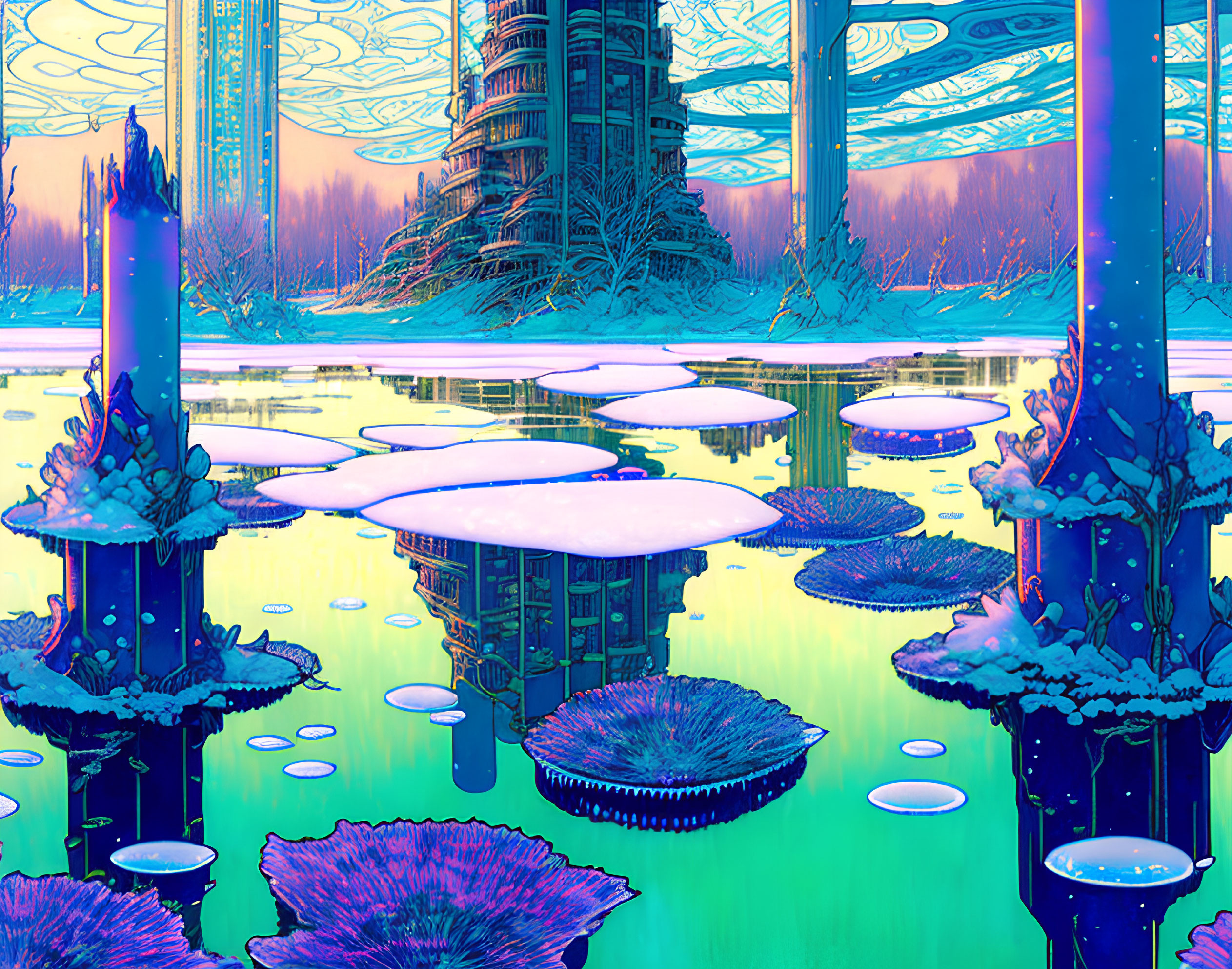 Futuristic landscape with bioluminescent vegetation and towering structures