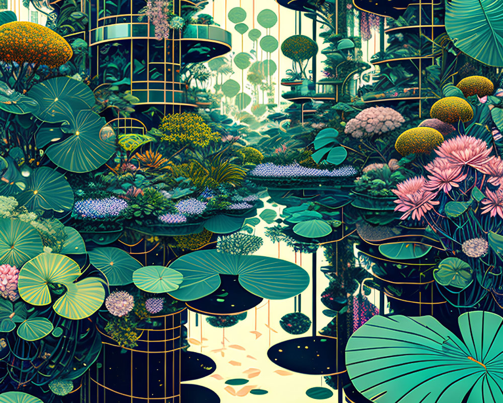 Detailed futuristic botanical garden illustration with lush flora and reflective water.