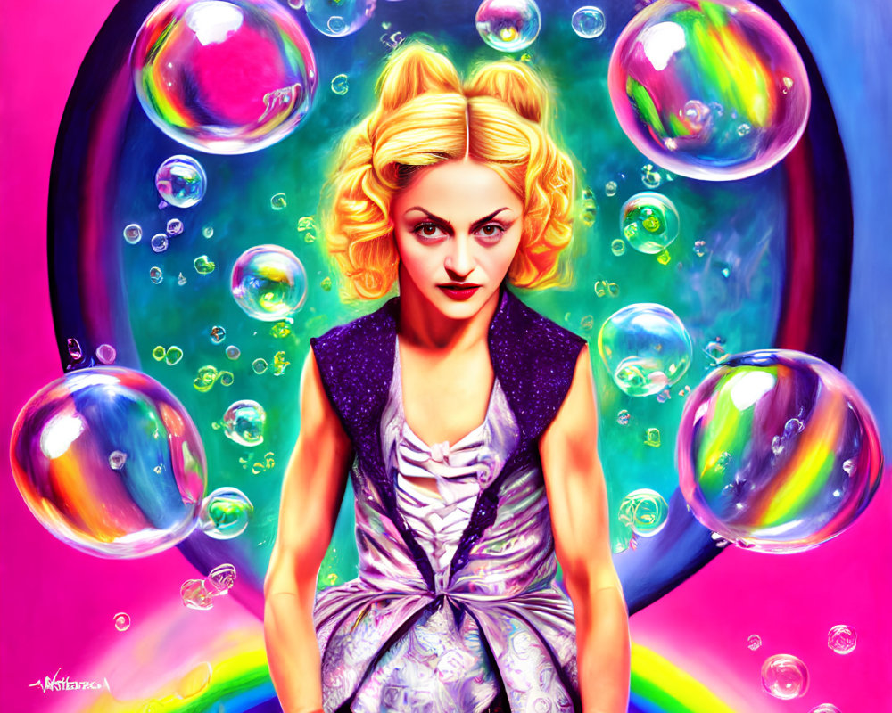 Vibrant portrait of a woman with blond hair in colorful bubbles on rainbow backdrop