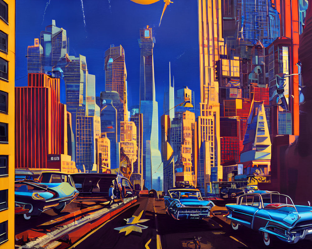 Colorful futuristic cityscape with flying cars and retro vehicles under a bright sky
