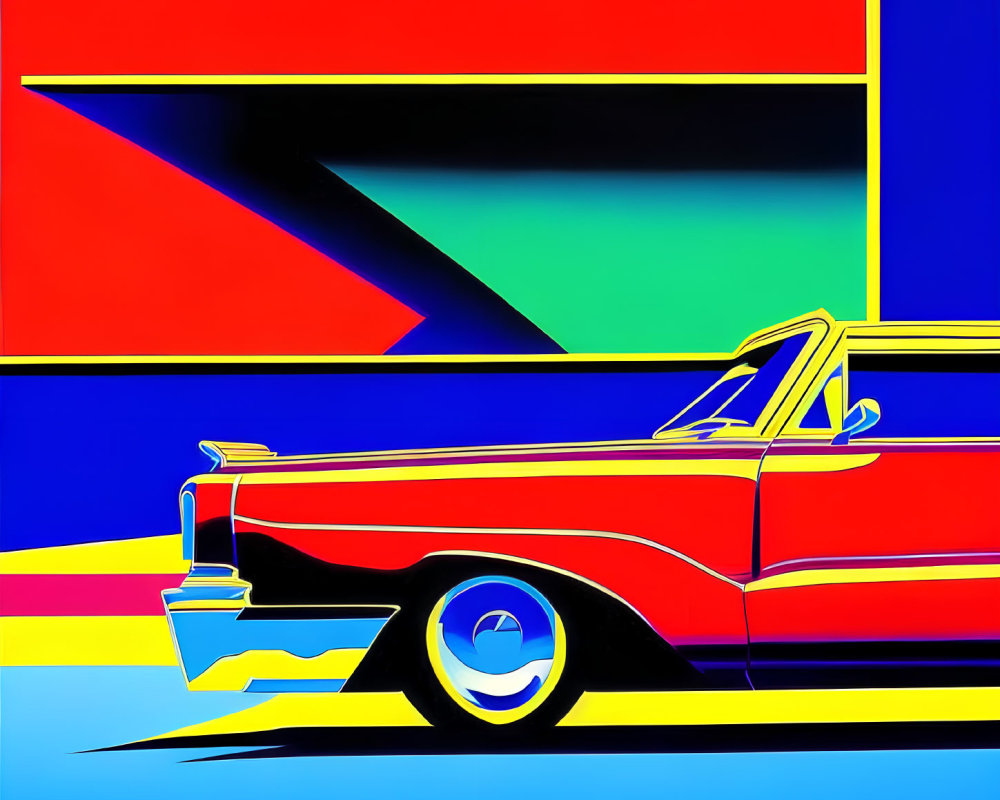Colorful Stylized Red and Black Car Artwork with Geometric Background