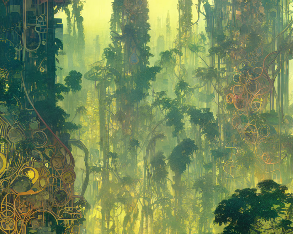Fantastical forest with organic and mechanical blend in misty atmosphere