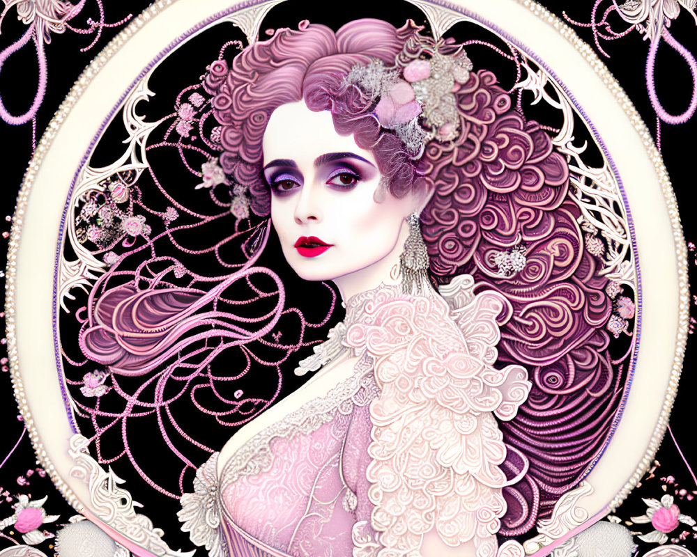 Detailed illustration of woman with purple hair and lace attire on ornate dark background