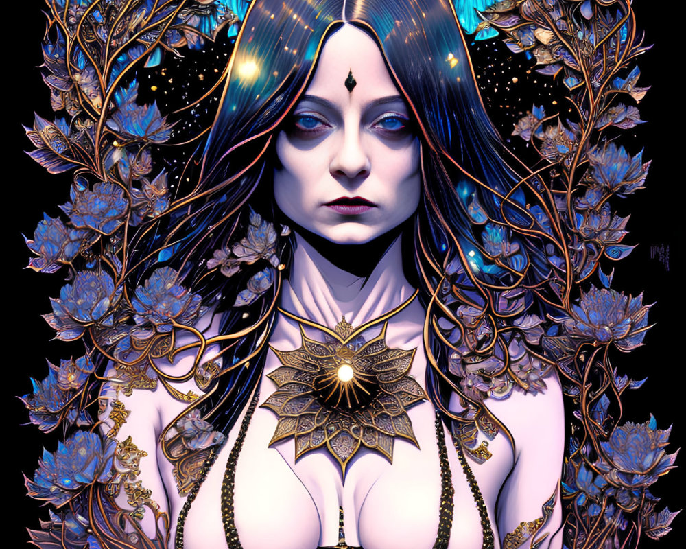 Blue-skinned woman with mystical floral pattern and third eye in digital artwork