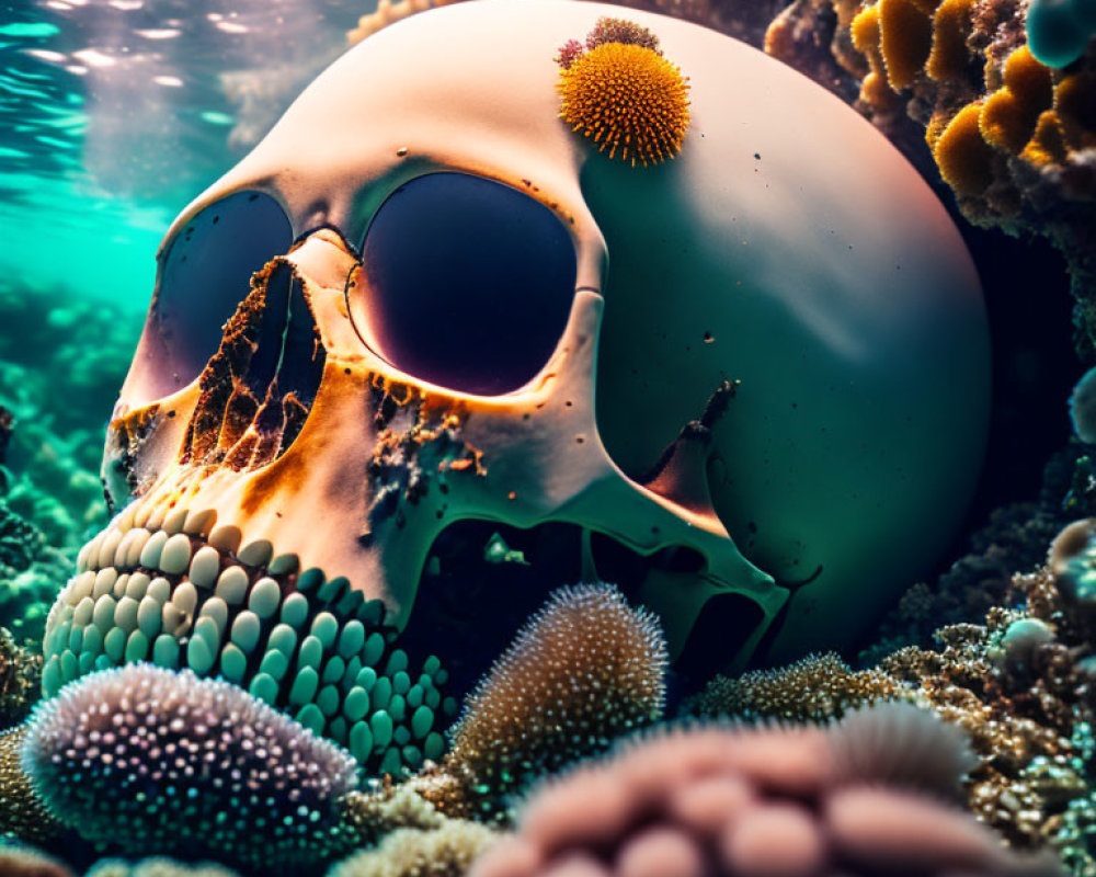 Colorful Coral Surrounds Human Skull in Eerie Underwater Scene
