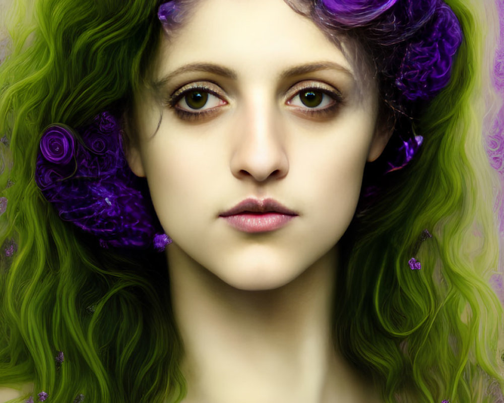 Portrait of a person with green hair and purple flowers, ethereal gaze, purple background