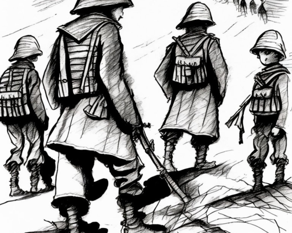 Vintage military soldiers marching in expressive sketch with strong shadows