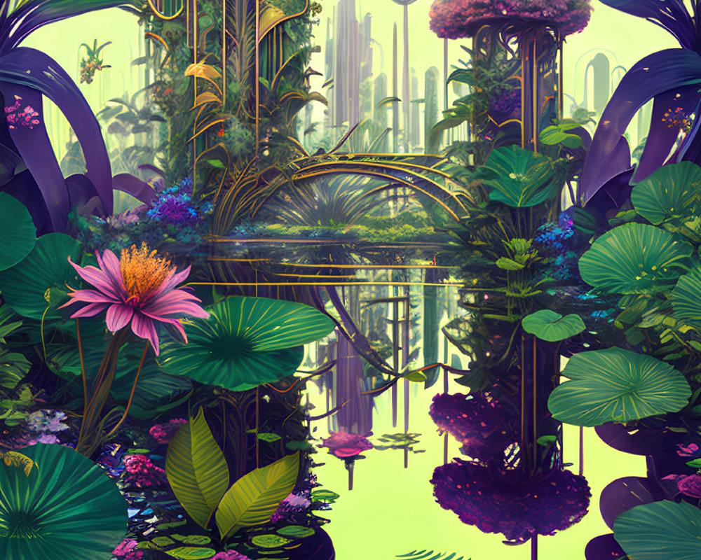 Futuristic garden illustration with lush foliage and metallic towers