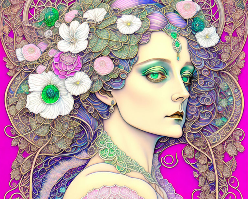 Colorful illustration of woman with purple skin and green eyes in intricate floral patterns.