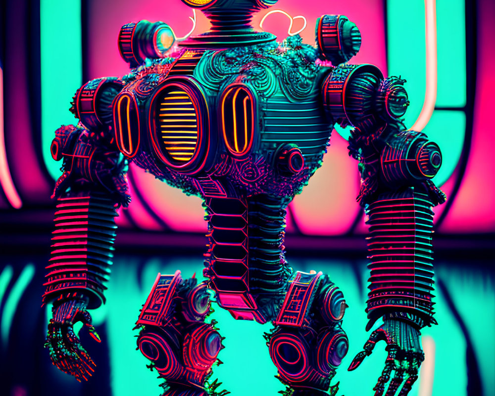 Detailed futuristic robot against neon-lit backdrop in orange and teal