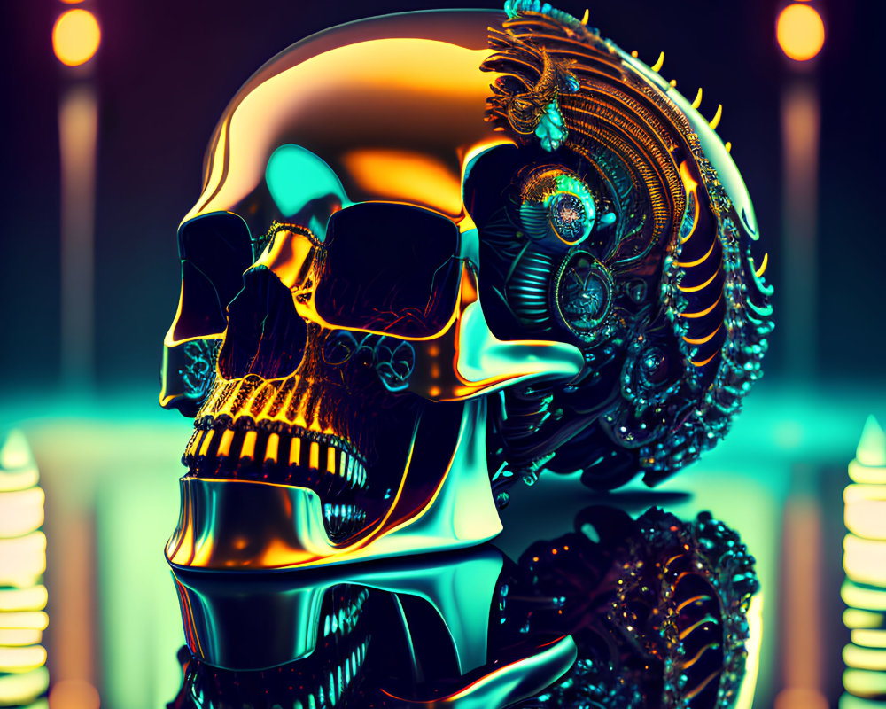 Metallic skull with cybernetic enhancements and glowing elements in futuristic setting.