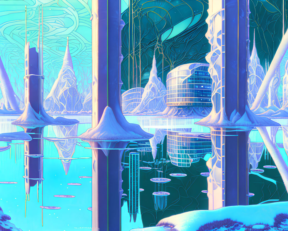 Futuristic cityscape with icy blue towers reflected in serene waters