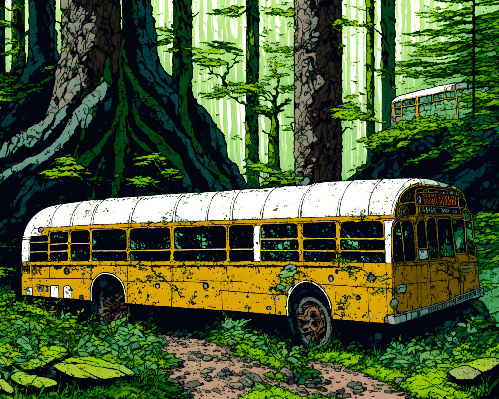 Decaying yellow school bus in dense forest with tall trees & sunlight.