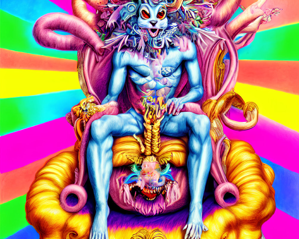 Colorful Psychedelic Illustration: Mythical Creature on Golden Throne