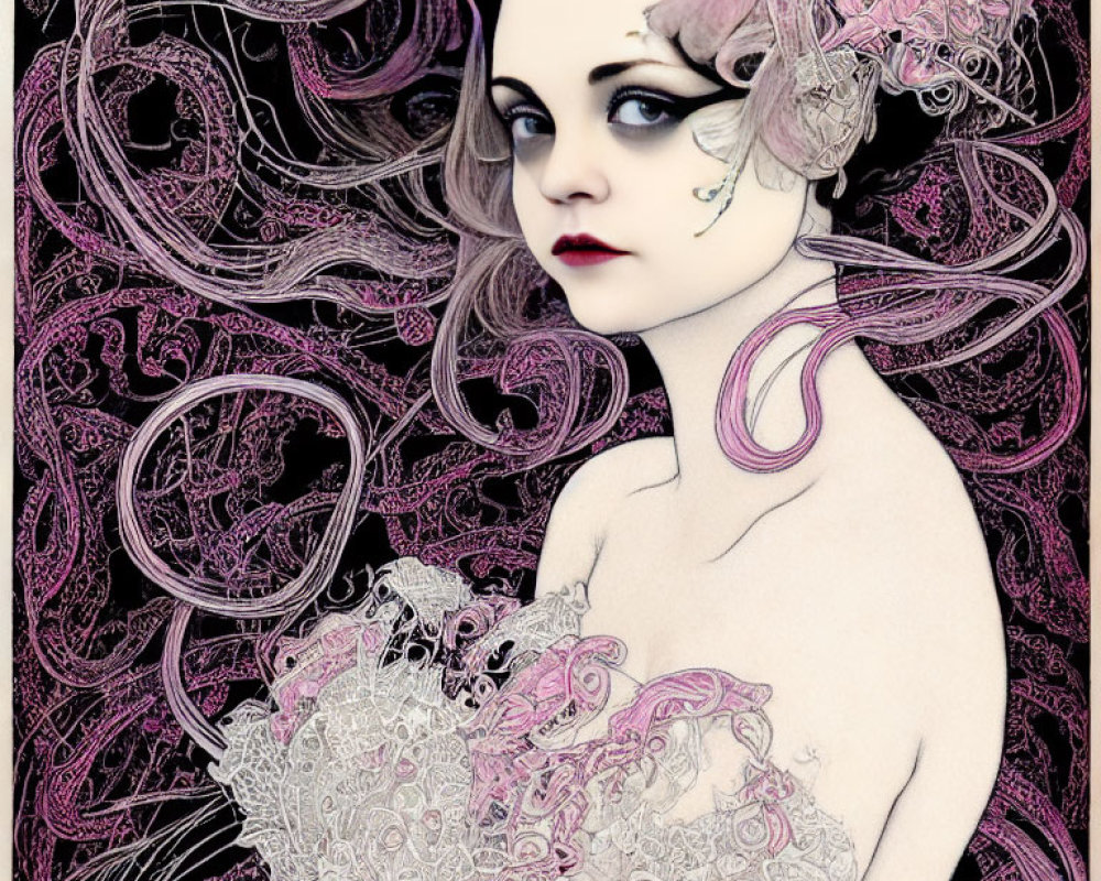 Pale woman with dark lips in vintage gothic style surrounded by pink and white swirls and floral patterns
