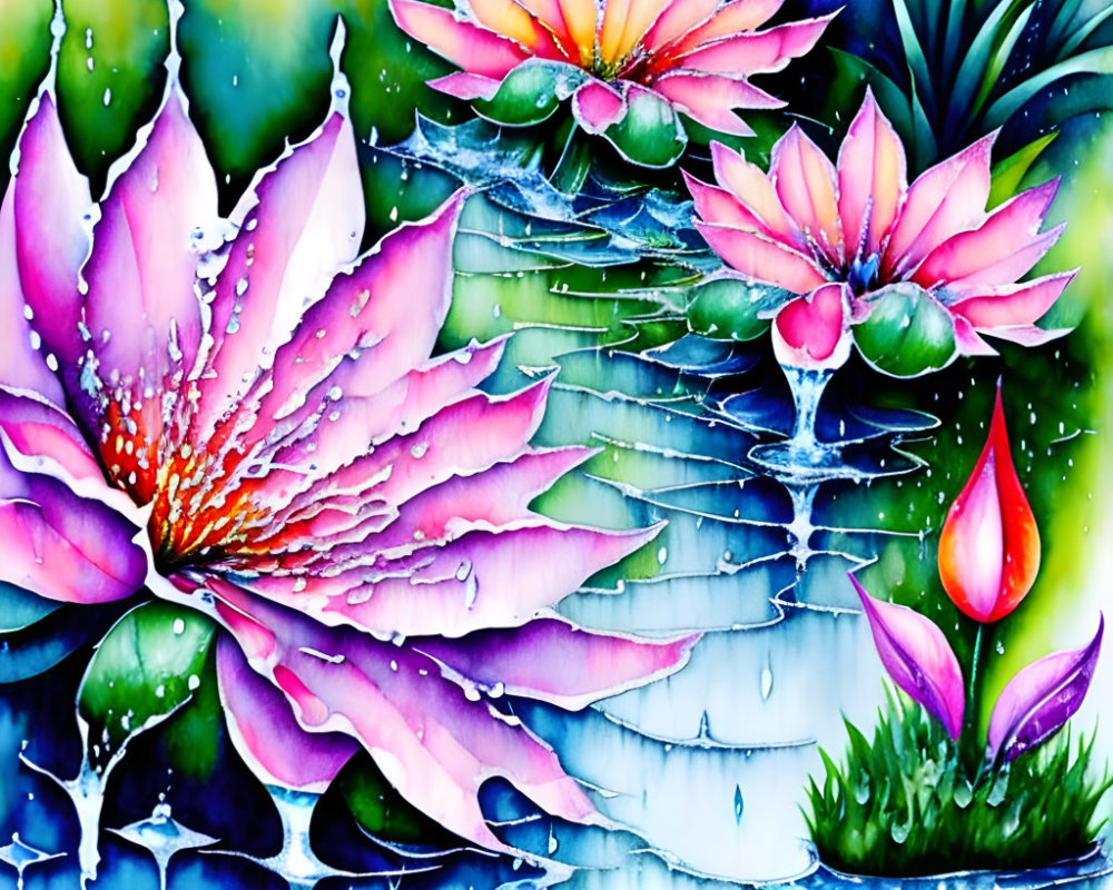 Colorful watercolor painting of pink lotus flowers and dewdrops on lily pads with falling water