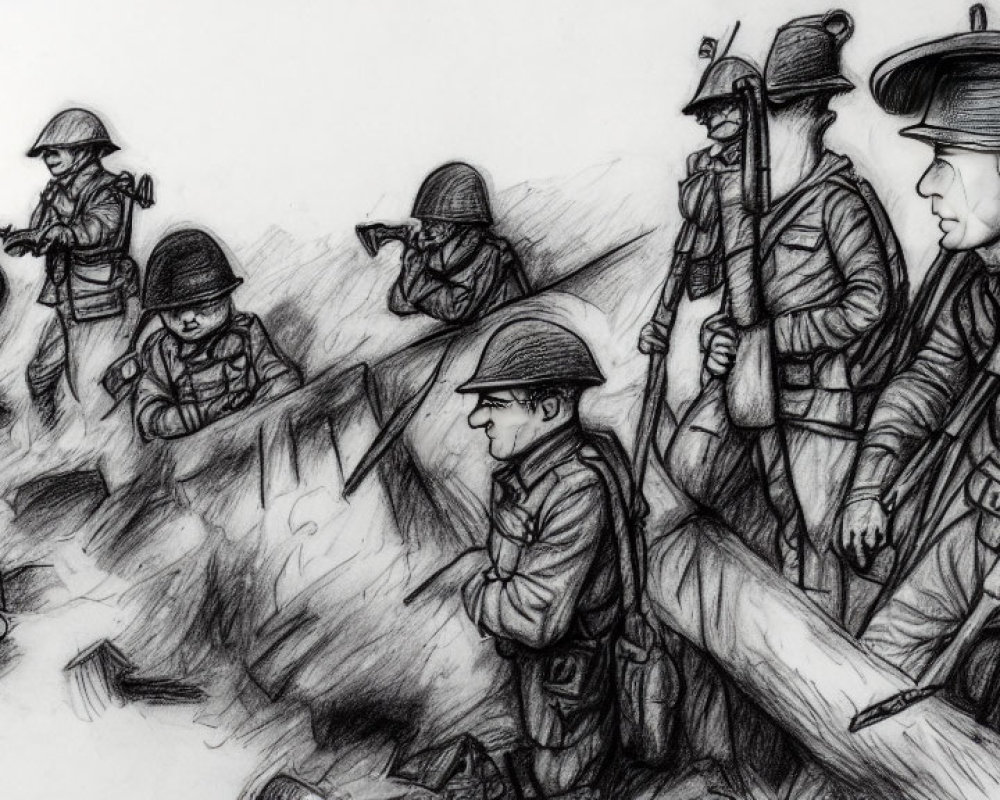 Detailed pencil sketch of soldiers in trench warfare with aiming rifles and commanding officer.