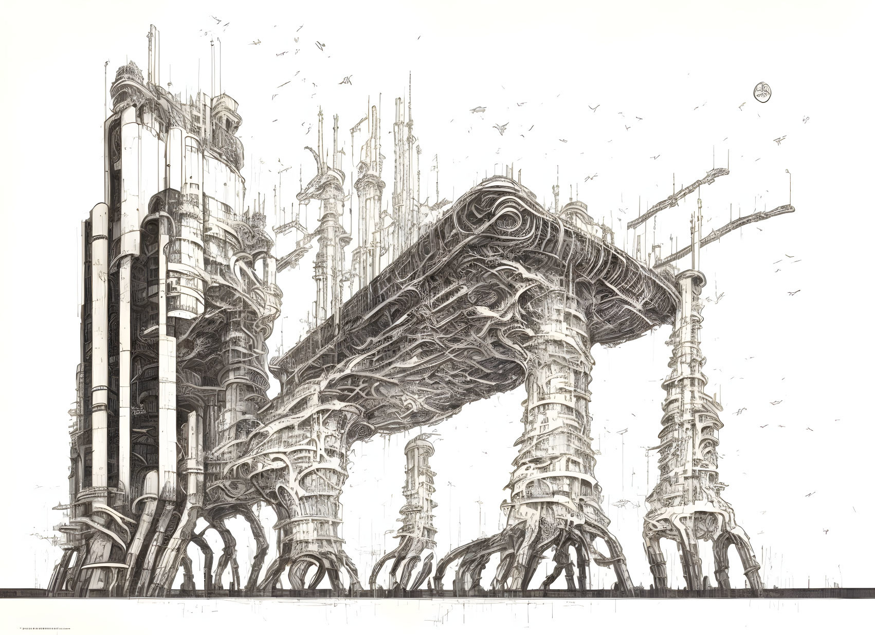 Monochromatic sketch of futuristic city with towering skyscrapers and intricate architectural details