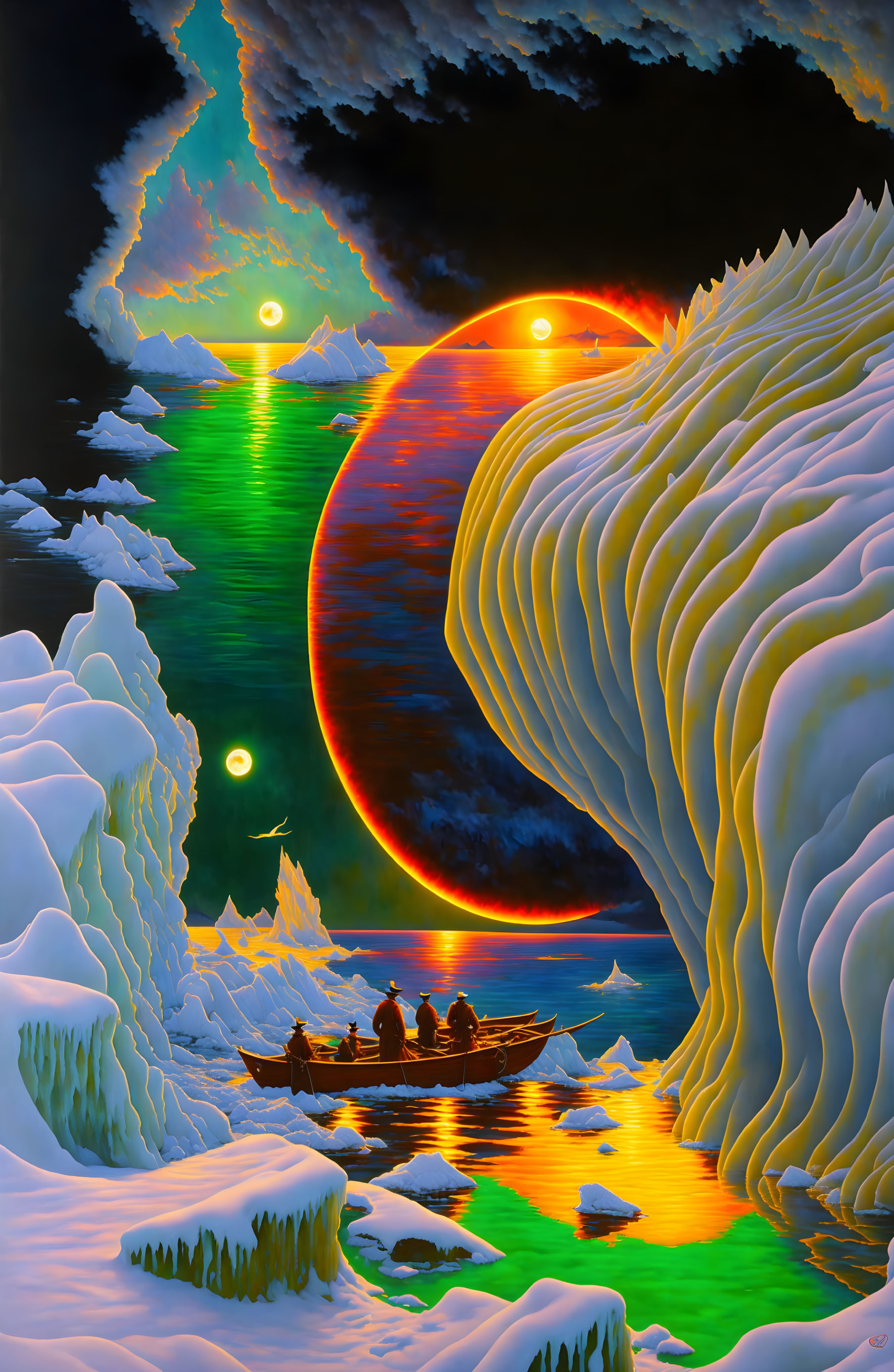 Colorful painting of small boat in icy terrain under eclipse with multiple suns