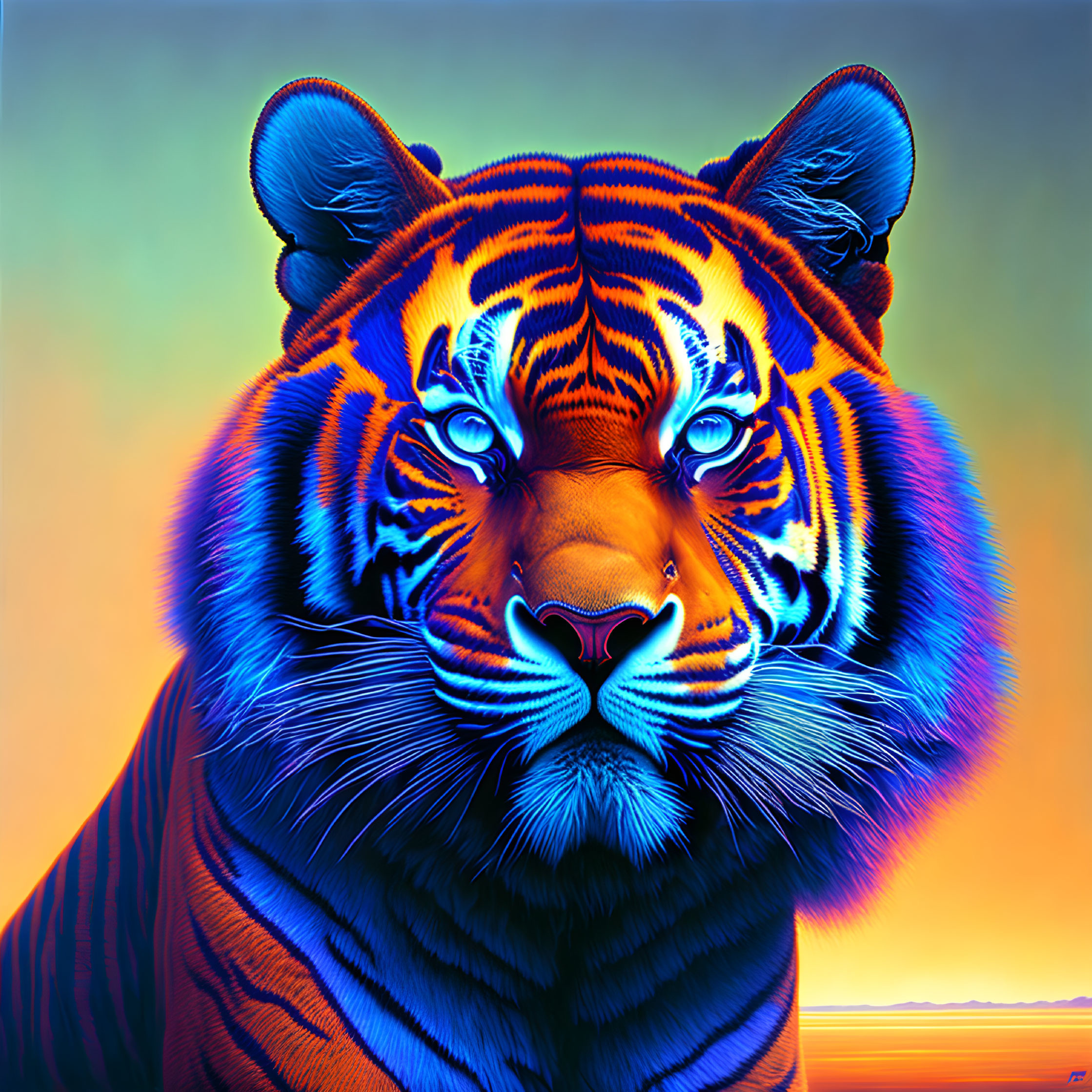 Colorful Tiger Face Art with Neon Hues & Detailed Fur Textures