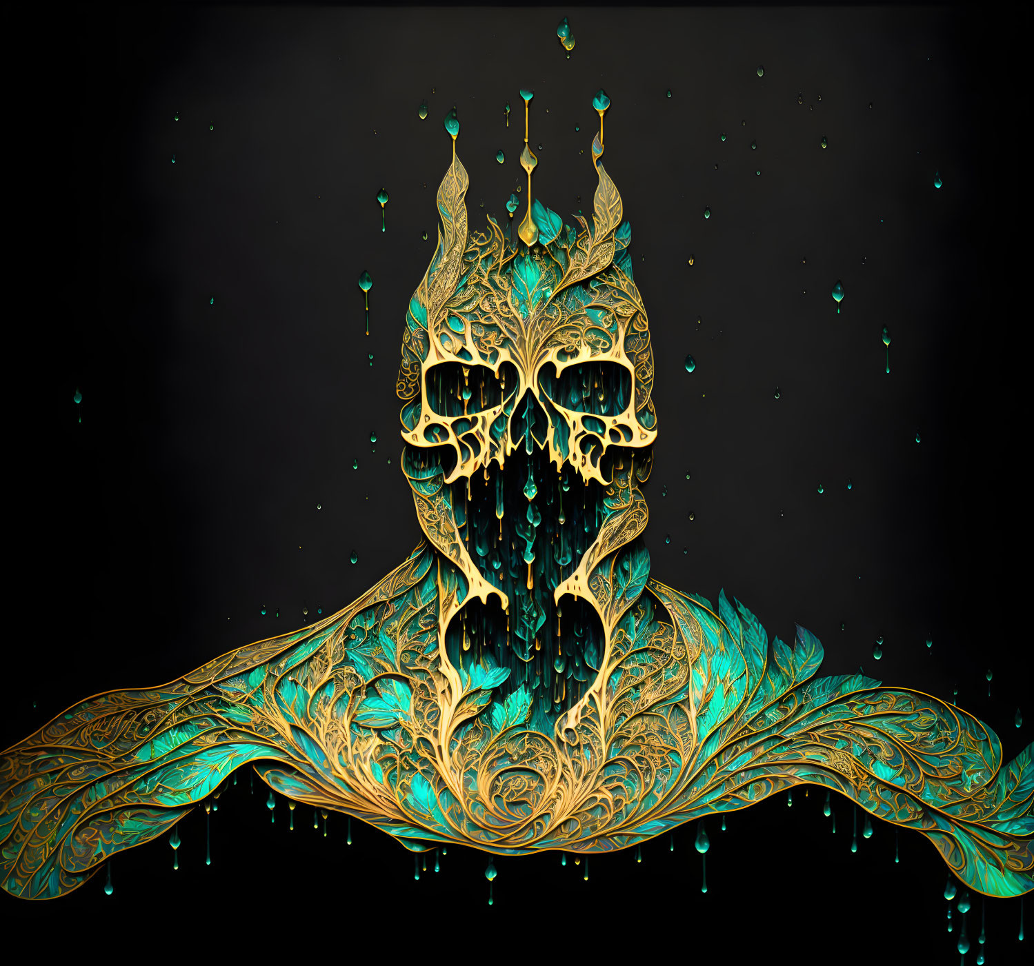 Intricate golden skull with teal highlights on dark background