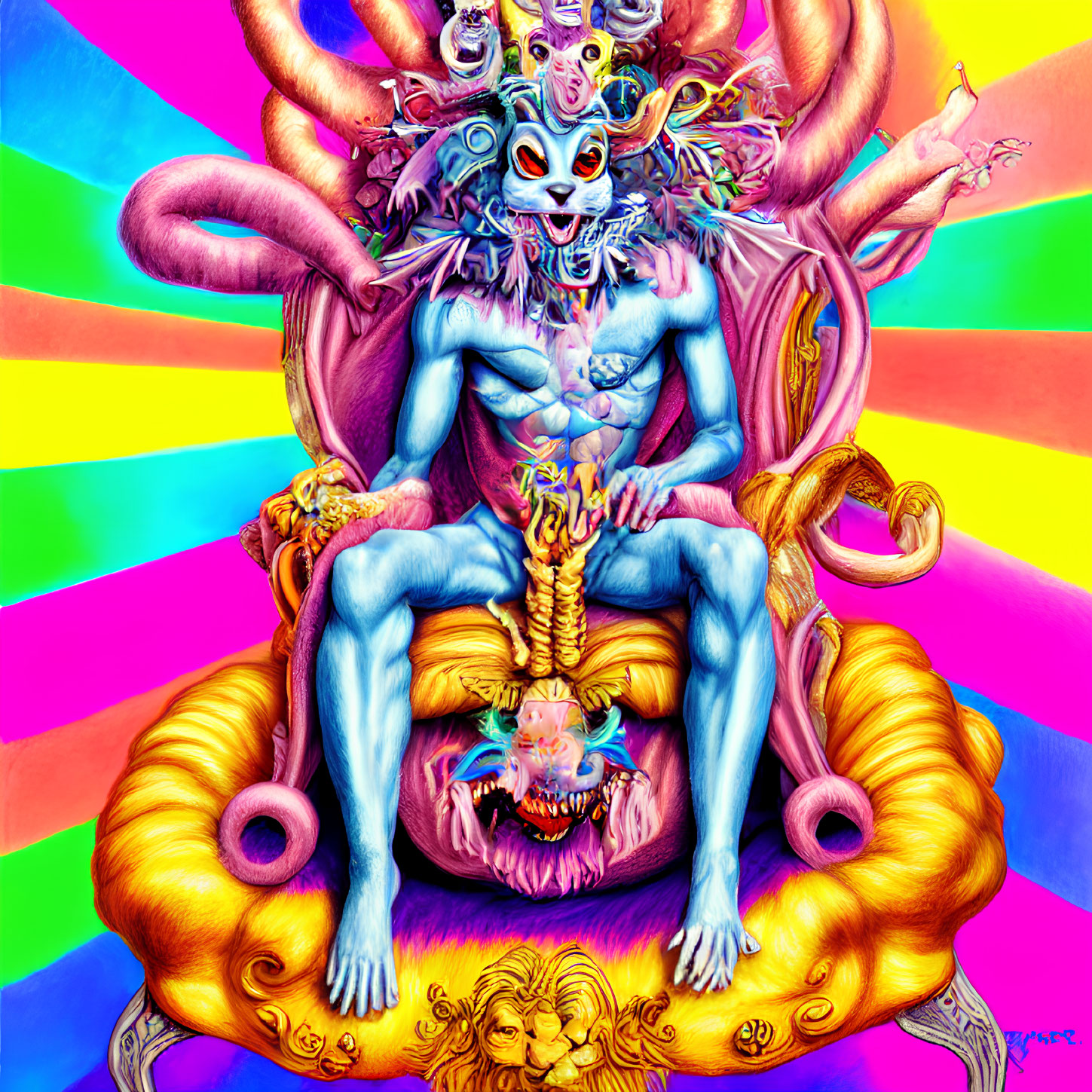 Colorful Psychedelic Illustration: Mythical Creature on Golden Throne