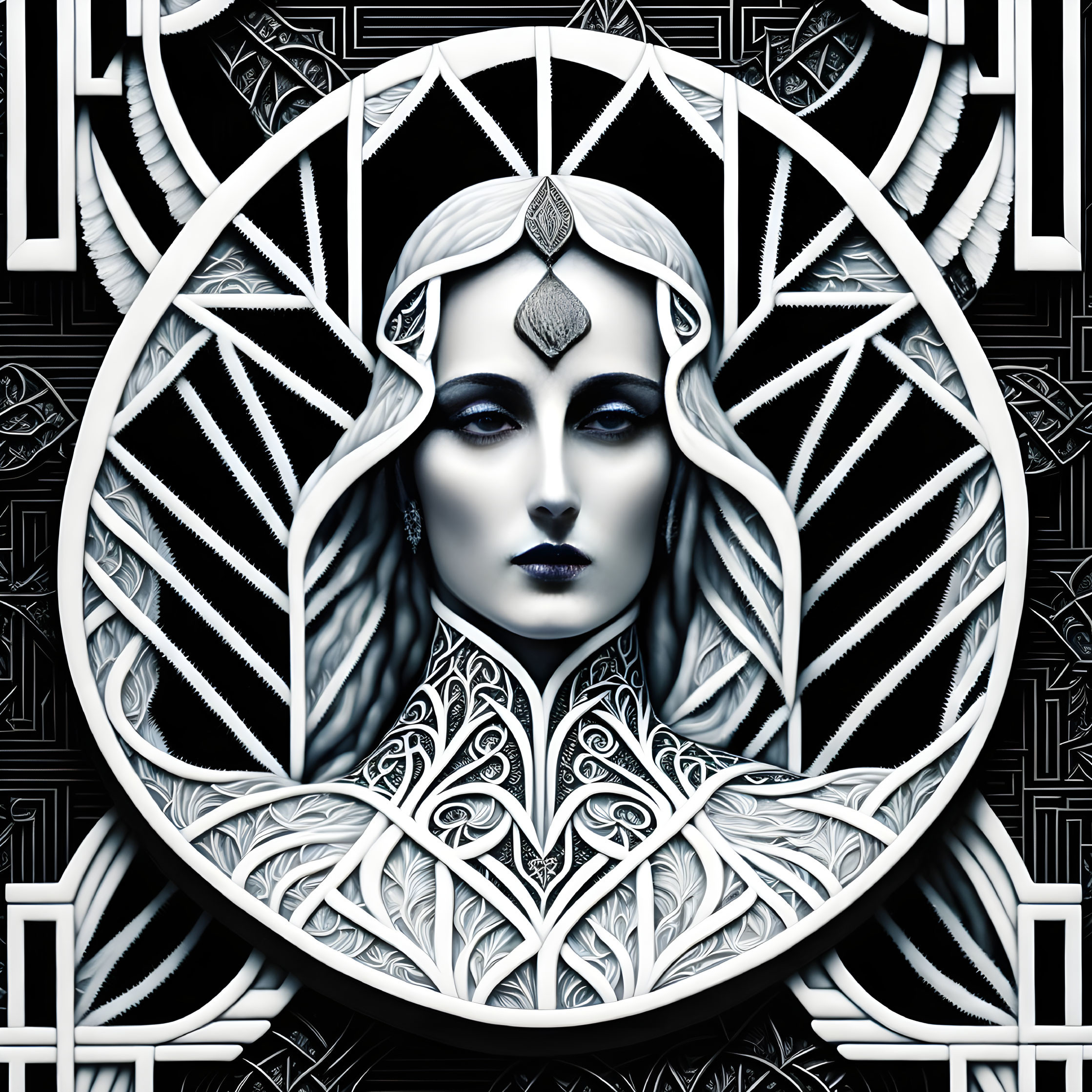 Monochrome graphic of woman with symmetrical patterns and geometric shapes in circular border