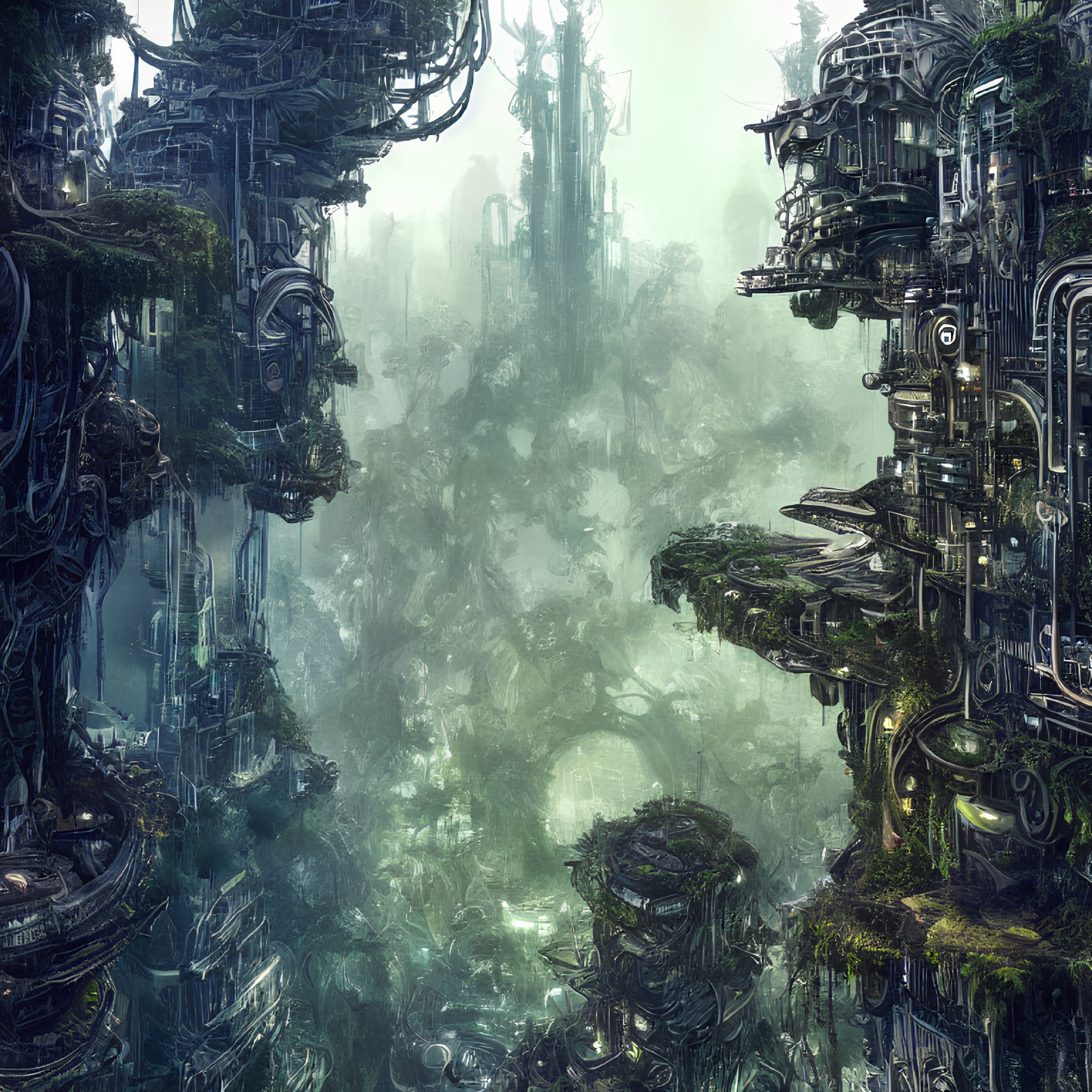 Futuristic cybernetic cityscape in misty, verdant setting