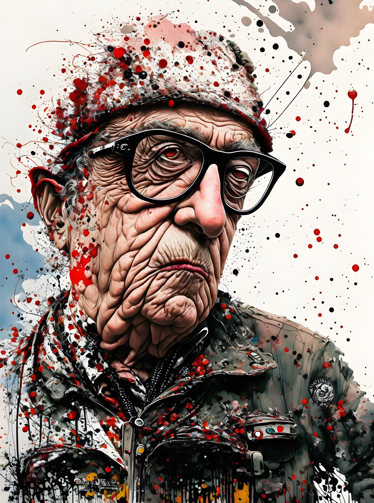 Elderly man with glasses and cap, stern expression, red and black splatters on light background